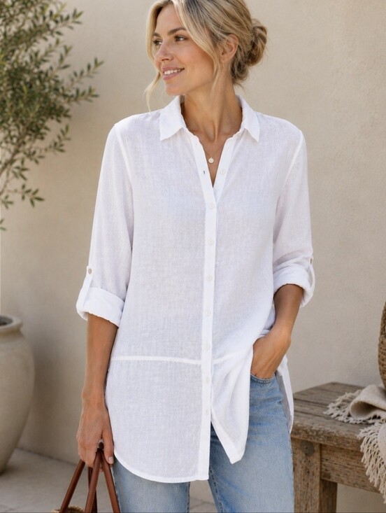 Tahari Tops - Tahari White Linen Tunic Shirt Medium Roll Tab Sleeves Button Front M